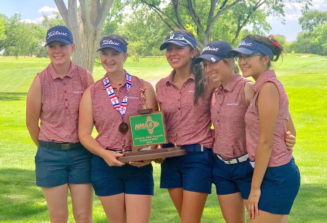 The Deming High Lady 'Cats captured the third place trophy at the NM Class 5A State Golf Tournament in Albuquerque. From left are Dezi Stockton, Presley Jackson, Mona Magana, Kamryn Zachek and Jayden Galindo.