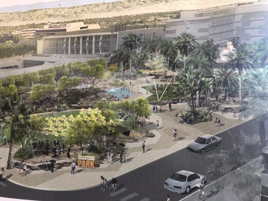 An architect's rendering of the proposed Palm Springs Downtown Park, which would be built in front of the art museum. The drawing has been on display in Palm Springs City Hall.