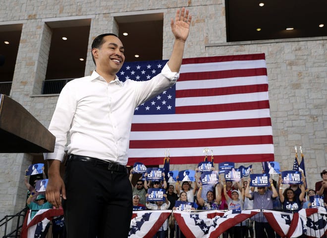 Julian Castro, a 2020 Democratic presidential candidate acknowledges supporters after delivering comments during a rally in San Antonio, Wednesday, April 10, 2019.