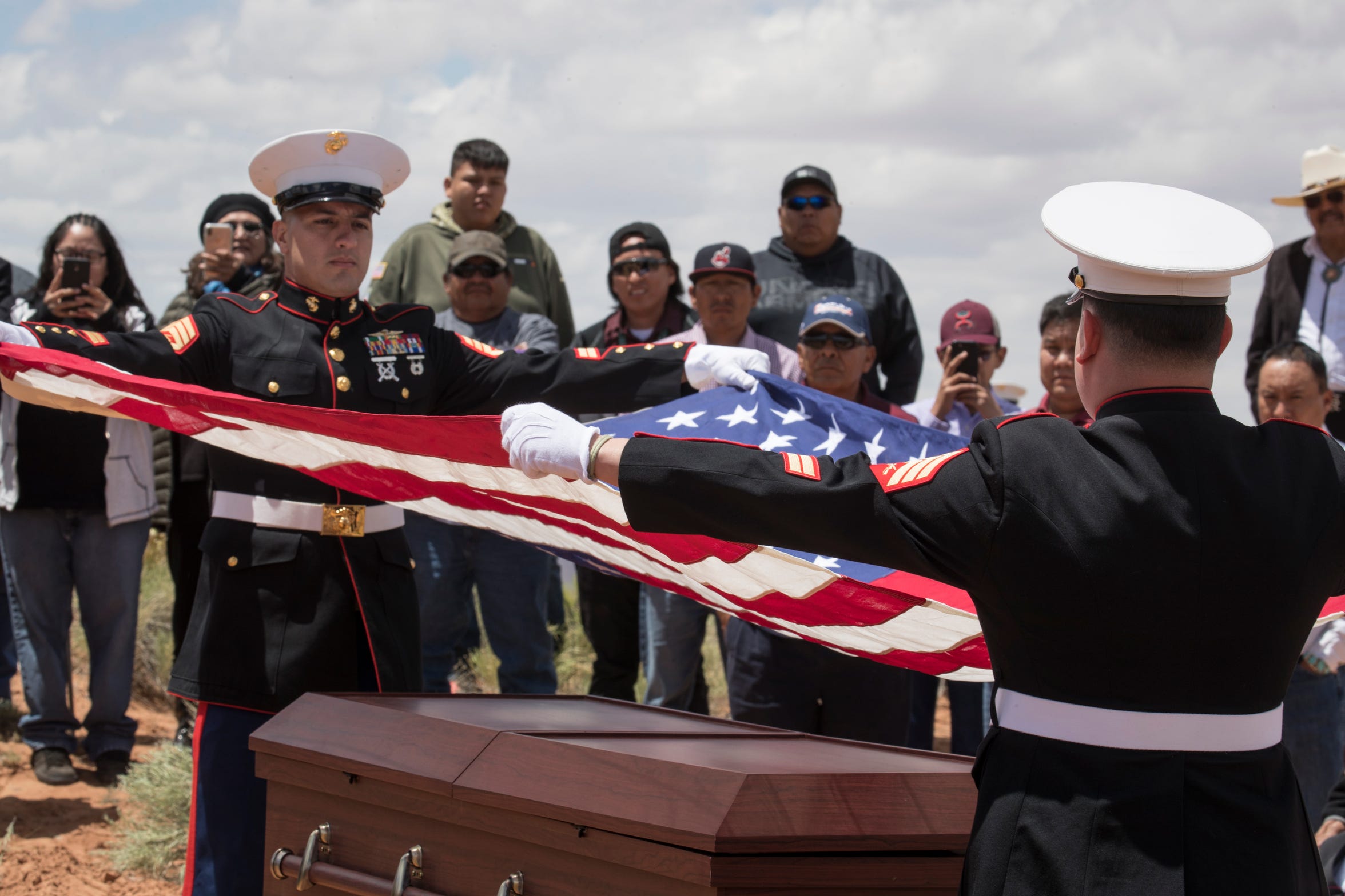 The flag was folded and presented to family during the interment of Navajo Code Talker Fleming Begaye Sr. on May 17, 2019, at the family plot in Salt Water Canyon, Ariz.
