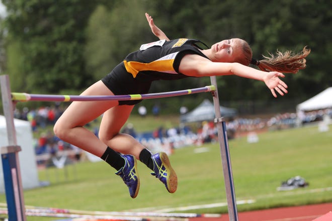 Cascade's Emma Gates competes in the high jump during the OSAA 3A/4A State Track and Field Meet at Mt. Hood Community College on Friday, May 17.