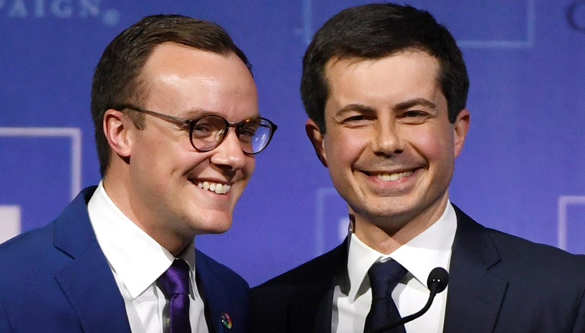 Chasten Glezman Buttigieg (left) greets his husband, South Bend, Indiana Mayor Pete Buttigieg, after he delivered a keynote address at the Human Rights Campaign's (HRC) 14th annual Las Vegas Gala at Caesars Palace on May 11, 2019 in Las Vegas, Nevada. Buttigieg is the first openly gay candidate to run for the Democratic presidential nomination. The HRC is the largest LGBTQ advocacy group in the United States.
