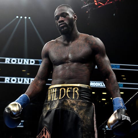 Deontay Wilder looks on prior to facing Dominic...
