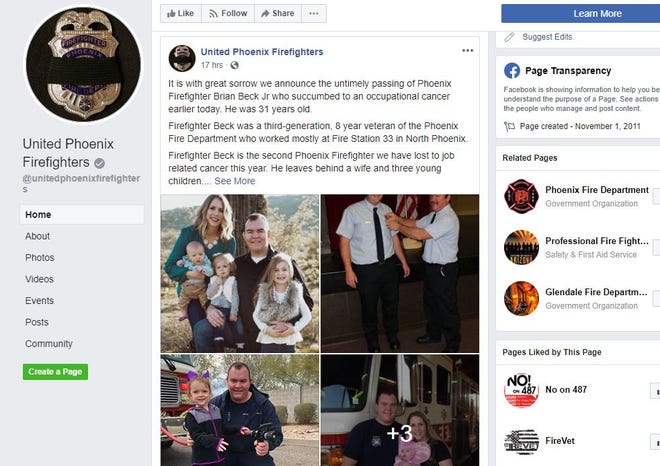 A screenshot of the United Phoenix Firefighters Facebook page shows images of Phoenix Firefighter Brian Beck Jr., who died of occupational cancer on Sunday. He served with Fire Station 33 in north Phoenix.