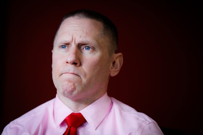 Steven Snyder-Hill, who claims that a former team doctor for The Ohio State University, Dr. Richard Strauss, now dead, abused him while he was a student, is interviewed at his lawyer's offices, Tuesday, May 21, 2019, in Columbus, Ohio.