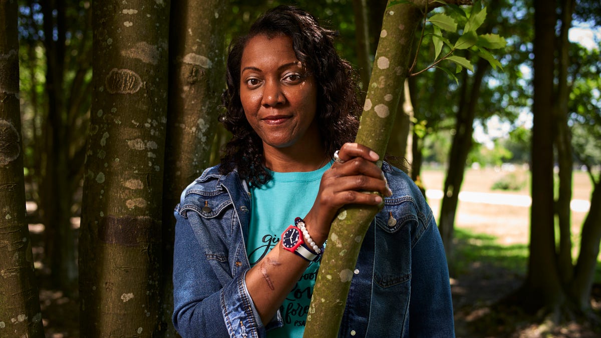 Former Olympic volleyball player Danielle Scott poses for a portrait in Baton Rouge, Louisiana, on May 14, 2019. S