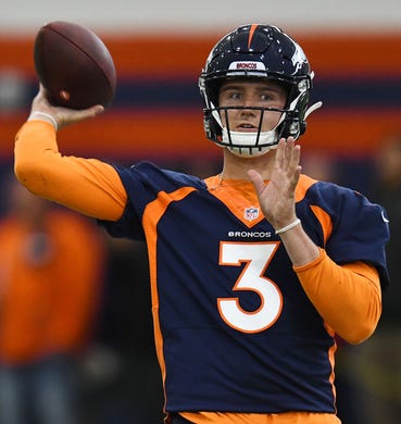 Denver Broncos rookie quarterback Drew Lock participates in organized team activities at the Pat Bowlen Fieldhouse at UCHealth Training Center.