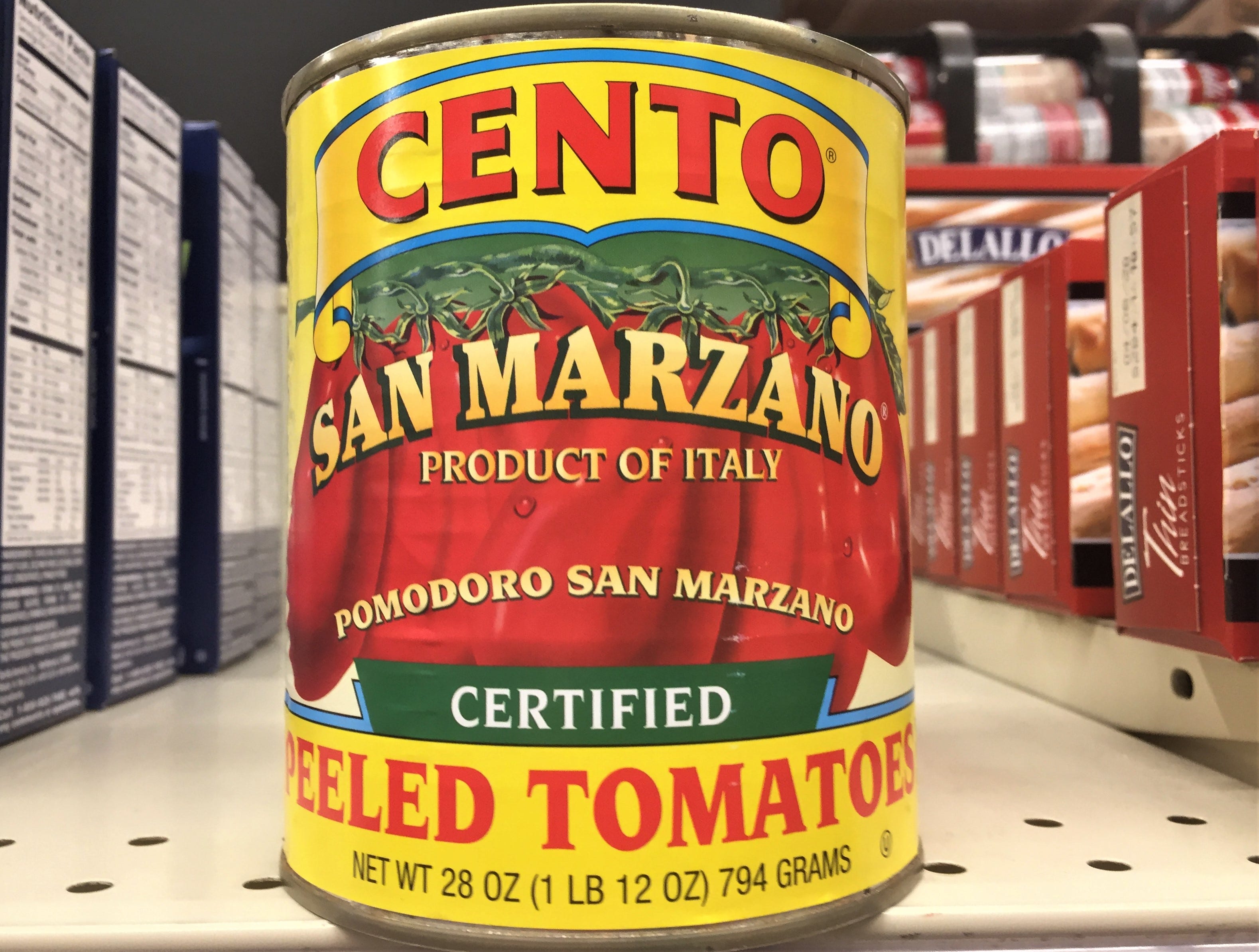 A can of Cento San Marzano tomatoes sits on a South Jersey supermarket shelf.
