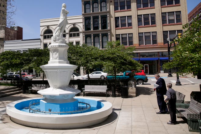 The water fountain outside the Tippecanoe County Courthouse is once again flowing, Wednesday, May 22, 2019, in Lafayette.