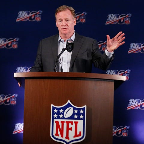 NFL Commissioner Roger Goodell speaks to the...