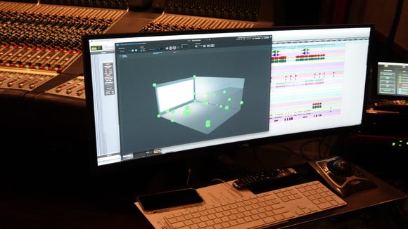 A computer reading of the Atmos system shows how the former two-track song is being separated into several different areas for multi-dimension sound.