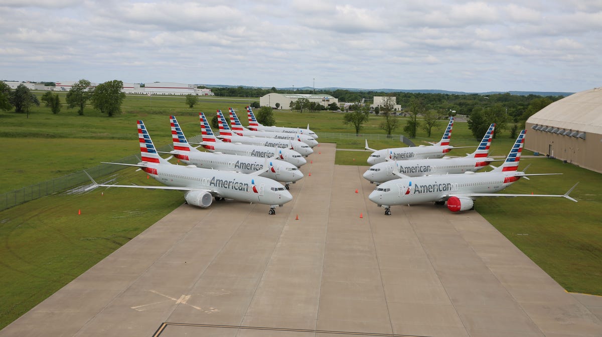 American Airlines Boeing 737 Max 8 planes parked at the airline's maintenance base in Tulsa, Oklahoma