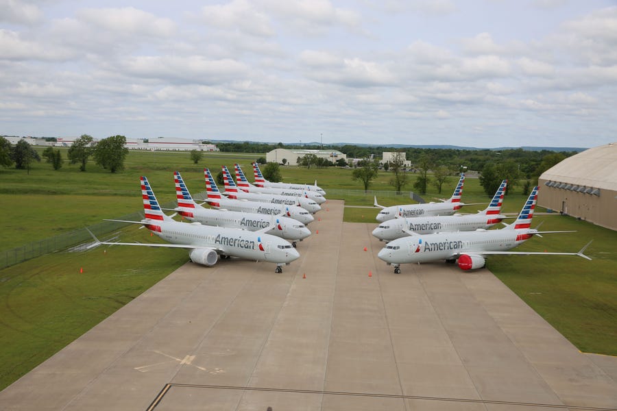 American Airlines Boeing 737 Max 8 planes parked at the airline's maintenance base in Tulsa, Oklahoma