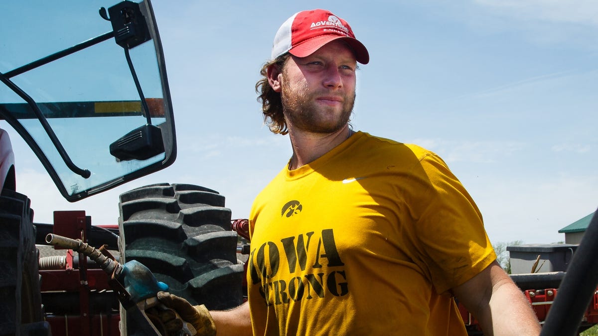Former Iowa defensive end Drew Ott on his family farm outside Trumbull, Nebraska.