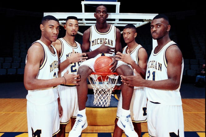 Michigan's Fab Five from left, Jimmy King, Juwan Howard, Chris Webber, Jalen Rose and Ray Jackson are shown in this November 1991 photo in Ann Arbor.