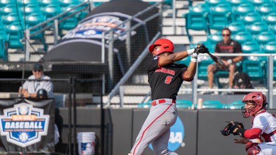 Todd Lott takes a swing Thursday morning, as UL fell to Troy in the Sun Belt Baseball Tournament in Conway, South Carolina.