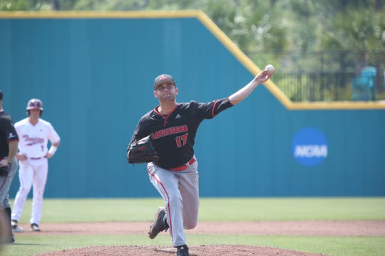 Gunner Leger pitches Thursday, as UL fell to Troy in the Sun Belt Baseball Tournament in Conway, South Carolina.