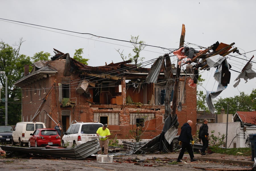 A tornado damaged buildings in Jefferson City, Mo.