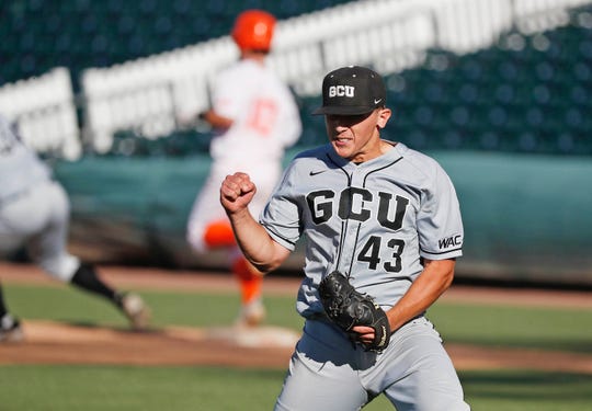 Grand Canyon pitcher Kade Mechals celebrates after pithcing out of bases loaded jam in 1-0 game in 6th to use. Credit GCU