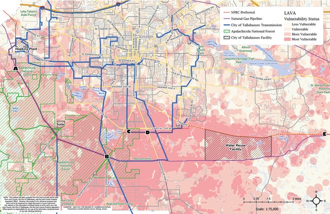 A Leon County-developed map, put together by Leon County Commissioner Kristin Dozier’s office at the suggestion of Wakulla Springs Alliance Chairman Sean McGlynn, explores the environmental impact of a transmission line project if it were to utilize the gas line south of Tram Road.