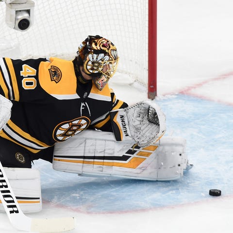 Bruins goaltender Tuukka Rask leads the...