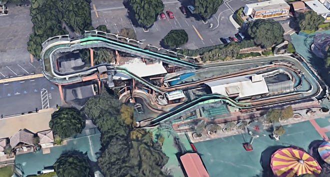 The water flume ride at Castle Park in Riverside, pictured via Google maps, is the site of several injured riders on Saturday, May 25, 2019.