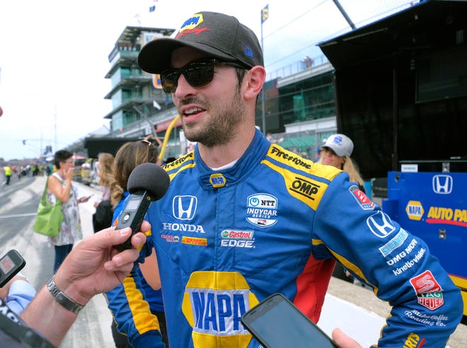 Alexander Rossi speaks with the media after his second-place finish in the Indianapolis 500.