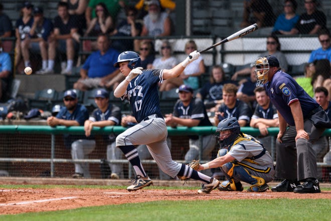 Reitz’s Ryan Kassel (17) makes a hit during the IHSAA Class 4A sectional championship against the Castle Knights at Bosse Field in Evansville, Ind., Monday, May 27, 2019. The Knights defeated the Panthers 14-2 in five innings to claim the sectional title.