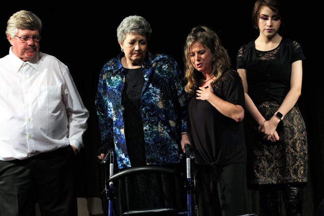 From left, Ray-Bud (Rodger Brown), Raynelle (Dana Floehr),  Lucille (Tracy Brown) and Delightful (Grace Ramirez) admire the life-like appearance of the "Dearly Departed" Bud Turplin, while also noting he's wearing what looks to be ballet slippers in this rehearsal scene of Abilene Community Theatre's 2018-19 season-closing production that opens Friday. May 27, 2019