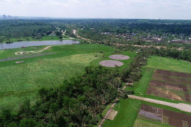 An aerial view of trees down near the Stillwater River, in Dayton, where a rapid fire line of tornadoes moved through the midwest including the Dayton area.