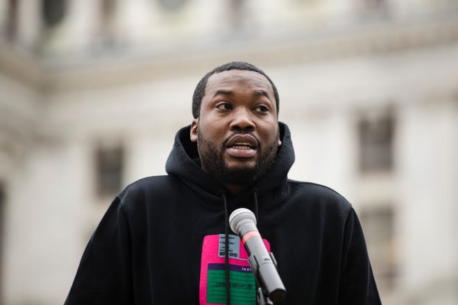 Rapper Meek Mill speaks at a gathering in Philadelphia to push for drastic changes to Pennsylvania's probation system on April 2, 2019.