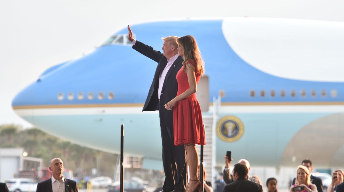 President Donald Trump and First Lady Melania Trump arrive for a rally on February 18, 2017 in Melbourne, Florida.