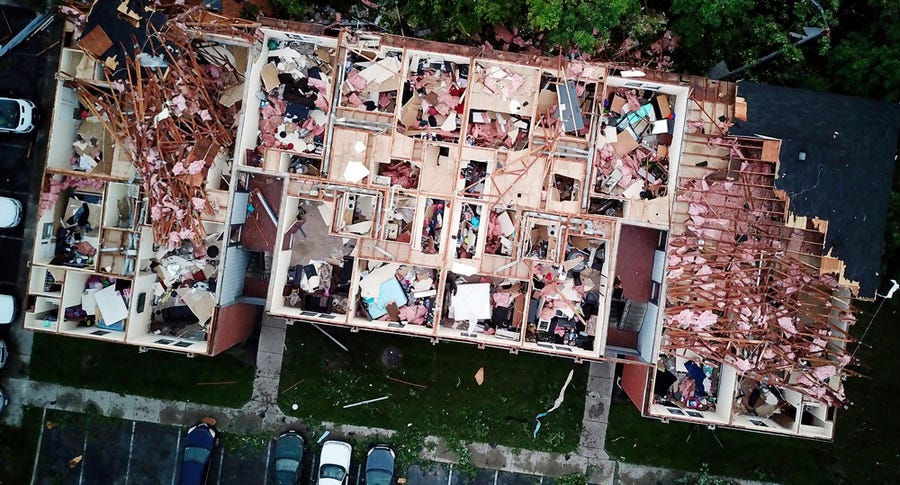A tornado damaged the Westbrooke Village Apartment complex in Trotwood, Ohio, on May 28.