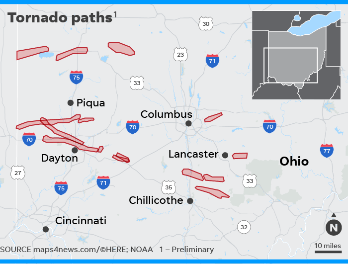 Midwest Tornado Path Map Storms Rip Though Ohio Indiana