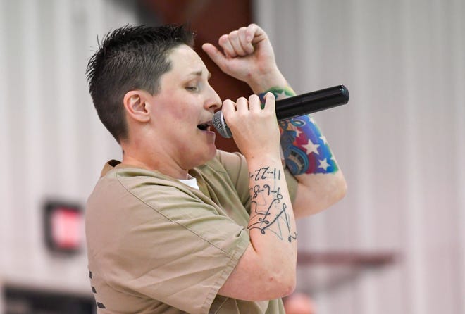 Tasha Qualley, a rapper, performs to fellow inmates at the anti-meth rally, Sober is Sacred, at the South Dakota Women's Prison on Tuesday, May 24, in Pierre. Qualley is a recovering addict herself, and makes music with her cousin about the struggles they have gone through. 