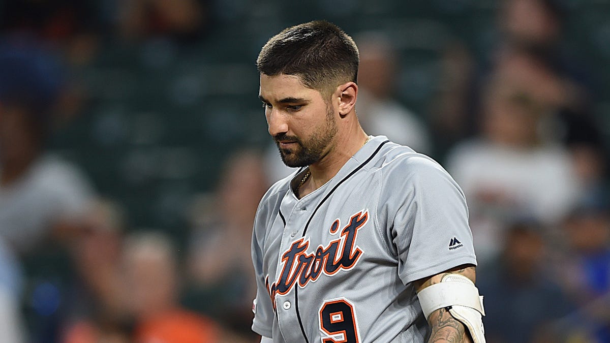 Detroit Tigers' Nick Castellanos reacts after striking out against the Baltimore Orioles.