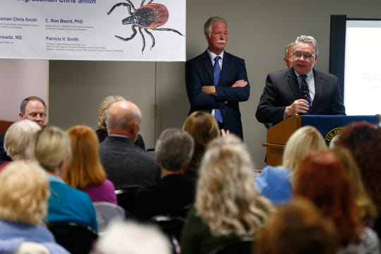 US Congressman Chris Smith (R-NJ) opens a panel discussion about Lyme disease research held at the Wall Township Municipal building Wednesday, May 29, 2019. Behind him is Wall Township Mayor Kevin P. Orender.