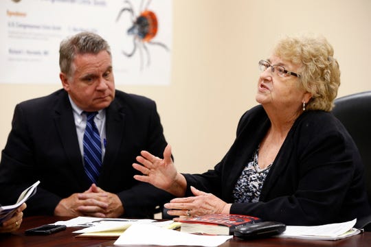 US Congressman Chris Smith (R-NJ) is shown with Pat Smith, Lyme Disease Association President , before a panel discussion about Lyme disease research held at the Wall Township Municipal building Wednesday, May 29, 2019.