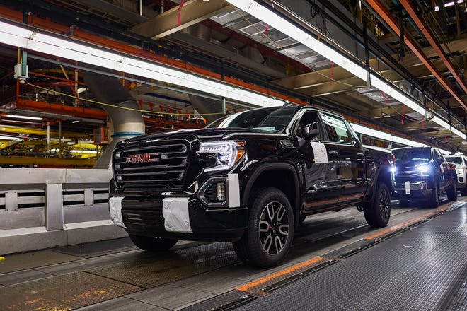 A GMC Sierra 1500 pickup on the assembly line at the General Motors Fort Wayne Assembly plant on Tuesday, May 14, 2019 in Roanoke, Indiana. GM announced Thursday, May 30, 2019 it is investing $24 million in the plant to expand production of full size Chevrolet Silverado 1500 and GMC Sierra 1500 pickups in Roanoke, Indiana.