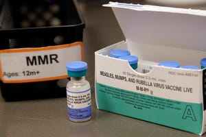 A vial of a measles, mumps and rubella vaccine at a clinic in Vashon Island, Wash.