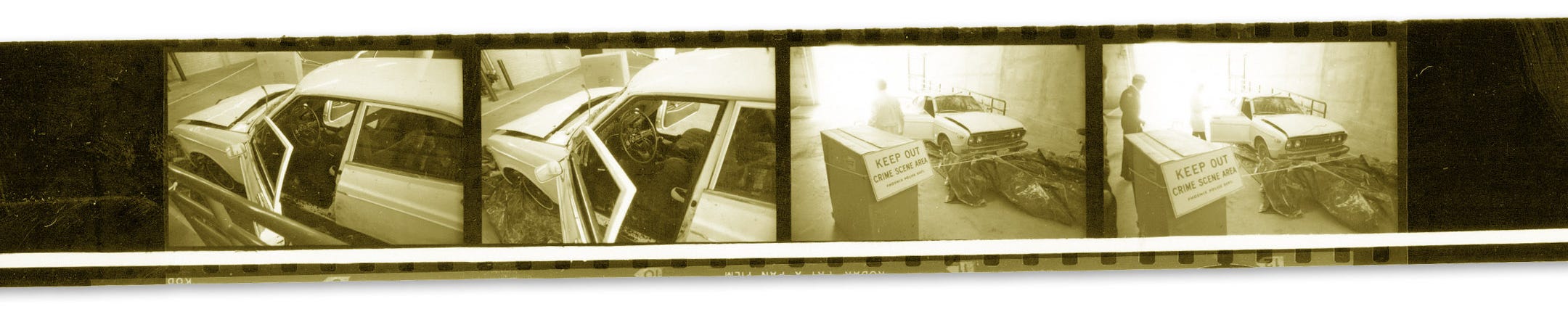 From the archive: A strip of film negatives shows Don Bolles' bombed vehicle.