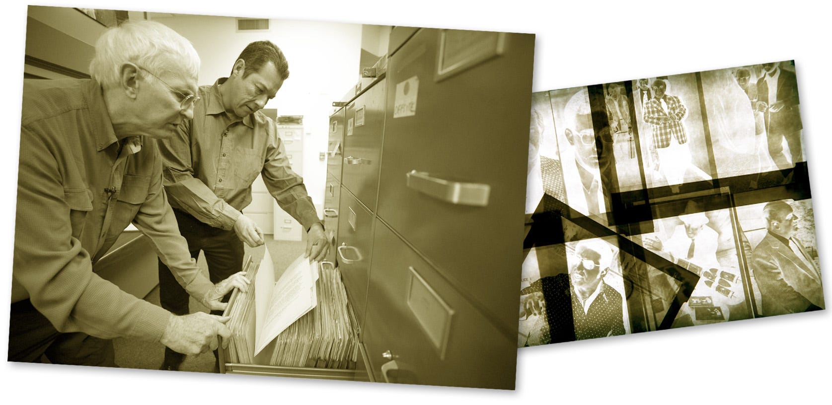 Charles Kelly, a former Arizona Republic reporter, goes through Don Bolles' files with reporter Richard Ruelas (right) 43 years after the fatal bombing of Bolles' car. AT RIGHT: Photo negatives from Republic archives on the case.