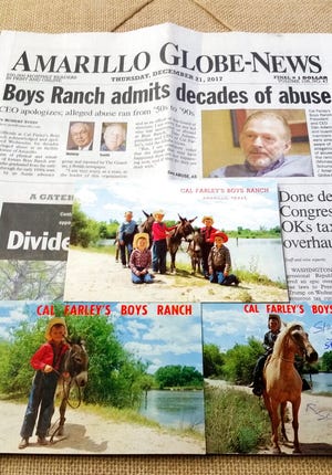 In this photo provided by Steve Smith on May 10, 2019, a display of items Smith kept related to Cal Farley's Boys Ranch are shown. Smith and his brother, Rick, went to the ranch in 1957. They are among men who say they were abused at the ranch. The display shows the front page of the Amarillo Globe-News that was published after The Guardian wrote about the allegations. Also shown are postcards Smith has kept. The postcard on top shows, Gregg Votaw, left front, Steve Smith, left rear, Rusty Votaw, middle, Rick Smith, right rear, and an unidentified person kneeling on right front. The postcard on bottom left shows Rick Smith. The postcard on bottom right shows Steve Smith.