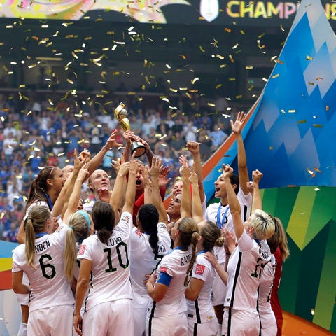 The U.S. women celebrate winning the World Cup in...