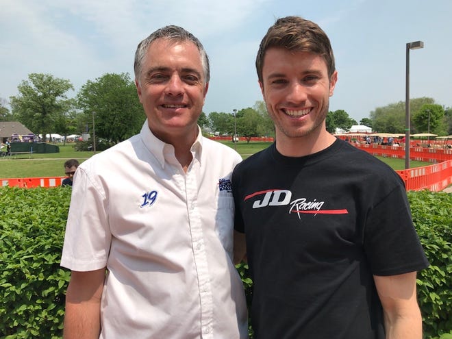 Jordan Dick, right, with his father, Mark, competed in the Trans Am Series at the Detroit Grand Prix, on May 31, 2019. They are planning to develop a new motor sports complex on a 216-acre property in Howell.