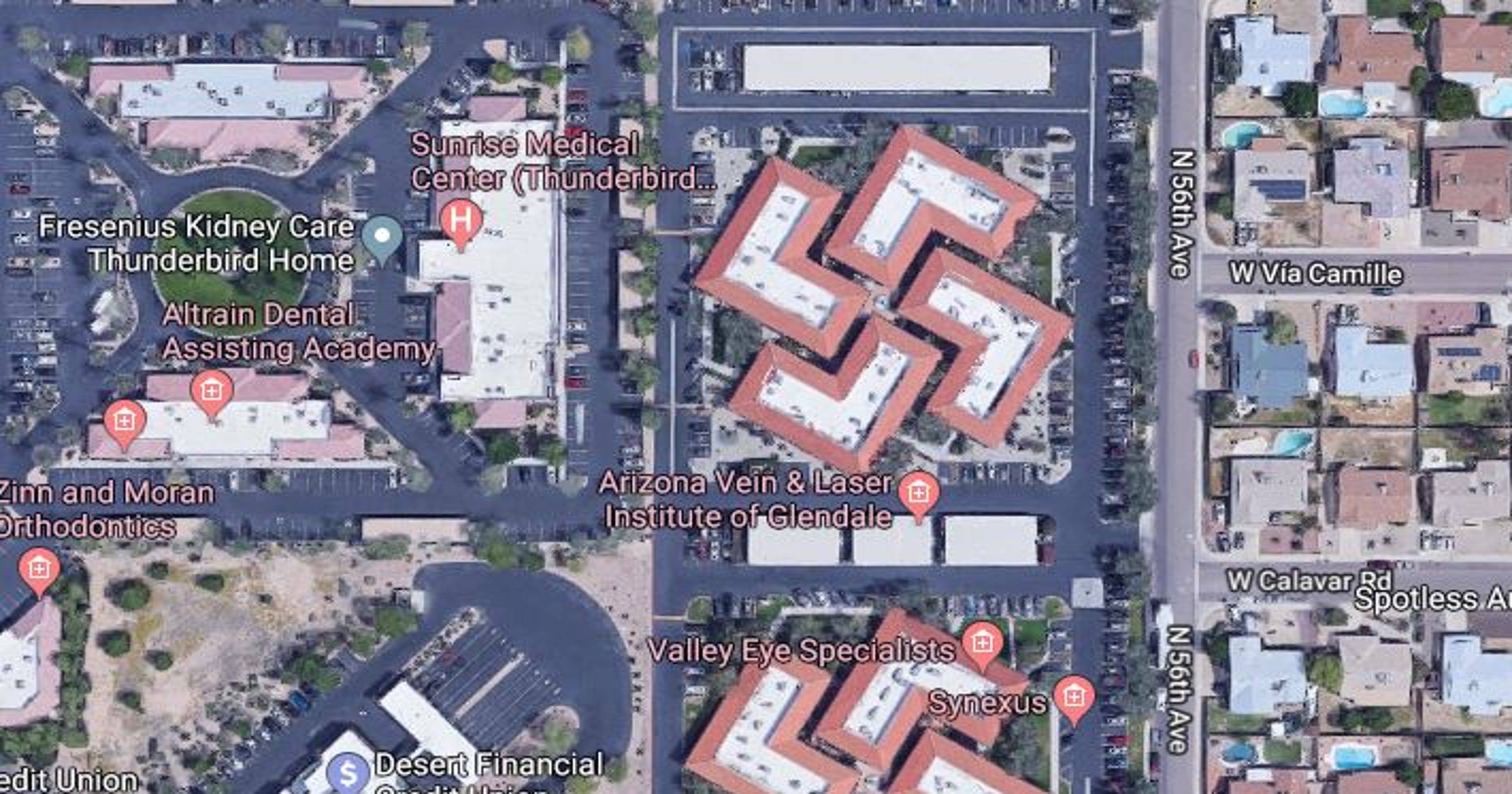 Swastika buildings on Google Maps in Glendale, Scottsdale, Arizona