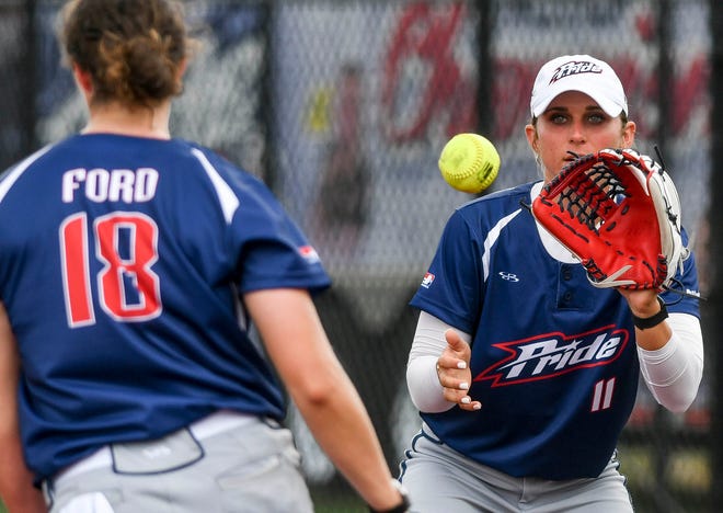 USSSA Pride pitcher Jailyn Ford tosses the ball to first baseman Alex Powers to make an out. The Pride return to action in late June in Viera.