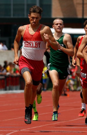 Shelby's Blake Lucius competes in the 800 meter run at the state track meet en route to one of the four state championship gold medals he won, indoors and outdoors, in 2019.