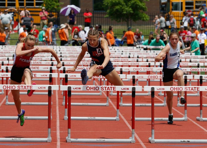 Galion's Kerrigan Myers dethrones Perry's two-time defending champ Leah King (far left) for a state title in the Division II 100 hurdles.