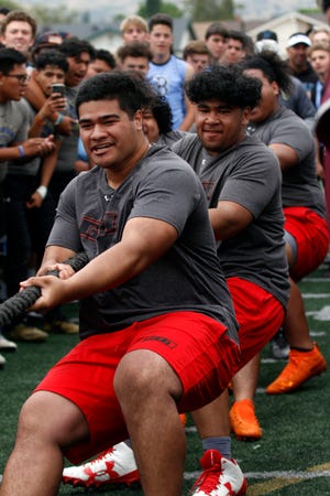 Grace Brethren's Jojo Taase, front, and Izzy Uili, pull with the Grace Brethren A team against Royal in the final round of the tug-of-war at the annual Ventura County Football Coaches Hogs Tournament at Simi Valley High on Saturday. Grace Brethren won the battle and finished first overall.